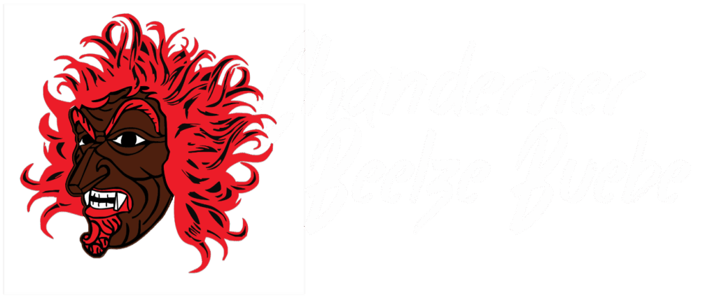 Logo des Vereins: Stilisierte Holzmaske eines Teufels mit feuerroten Haaren und dem Schriftzug "Chanderner Beelze Buebe"